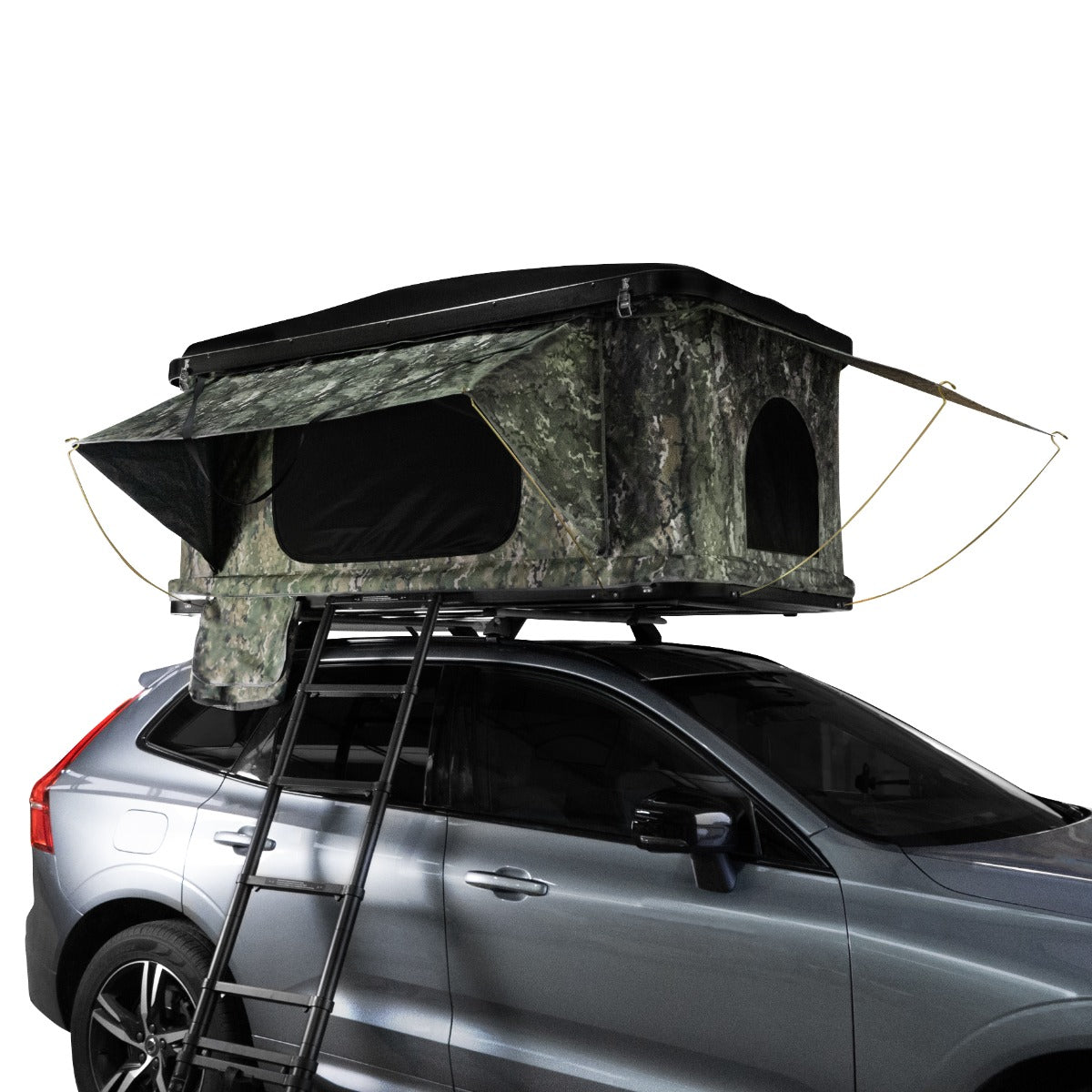 Tenda da tetto mimetica per auto, con struttura robusta, tessuto resistente e finestre per la ventilazione, montata su un SUV grigio