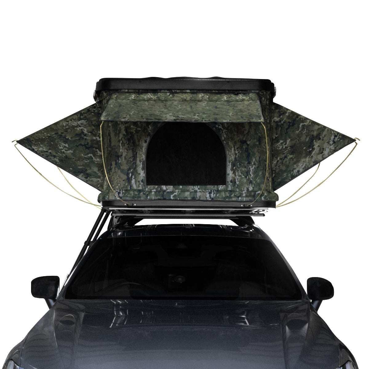 Tenda da tetto mimetica per auto, con tessuto verde e grigio, apertura laterale e struttura robusta per campeggio avventuroso