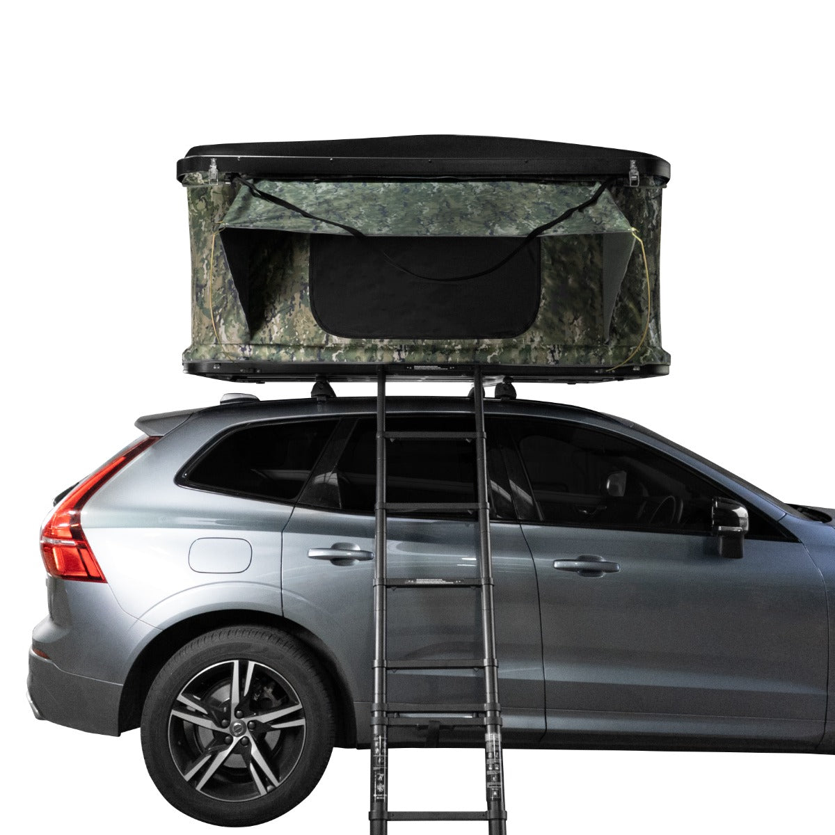 Tenda da tetto mimetica per auto, con struttura robusta e scala, ideale per campeggio e avventure all'aperto, colore verde e nero