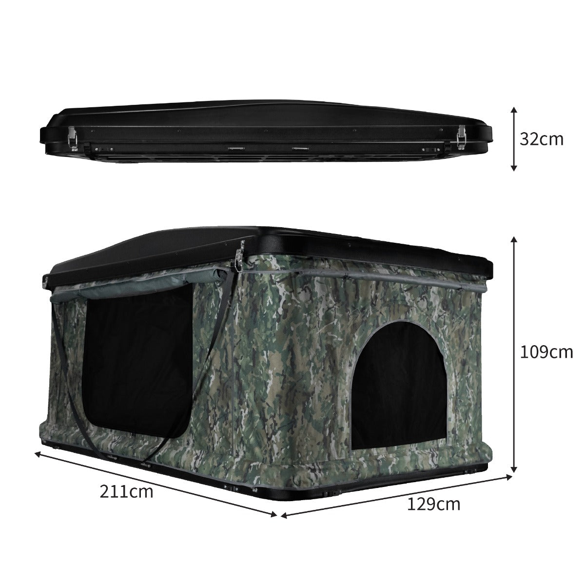 Tenda da tetto per auto mimetica, con struttura robusta, tessuto verde e grigio, finestre nere e dimensioni 211x129x109 cm