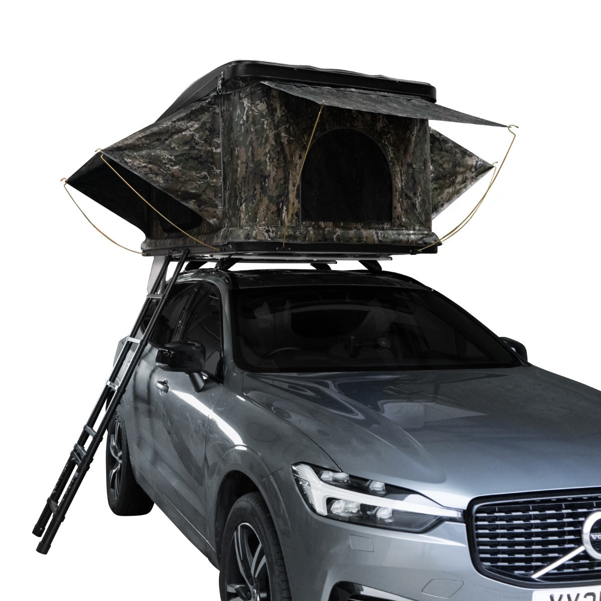 Tenda da tetto mimetica per auto, con struttura robusta, tessuto resistente e scala per l'accesso, ideale per avventure all'aperto