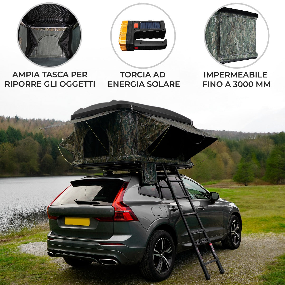 Tenda da tetto mimetica per auto, impermeabile, con ampia tasca e torcia solare, montata su un SUV vicino a un lago circondato da alberi