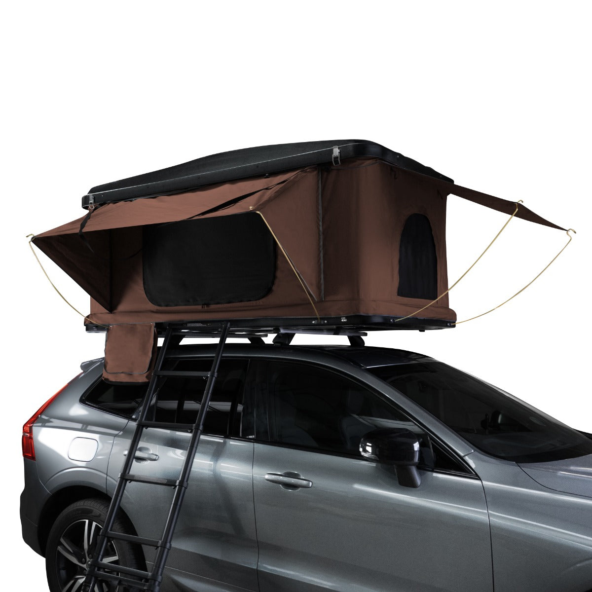 Tenda da tetto marrone per auto, con struttura robusta, finestre laterali e scala per un facile accesso, ideale per campeggio