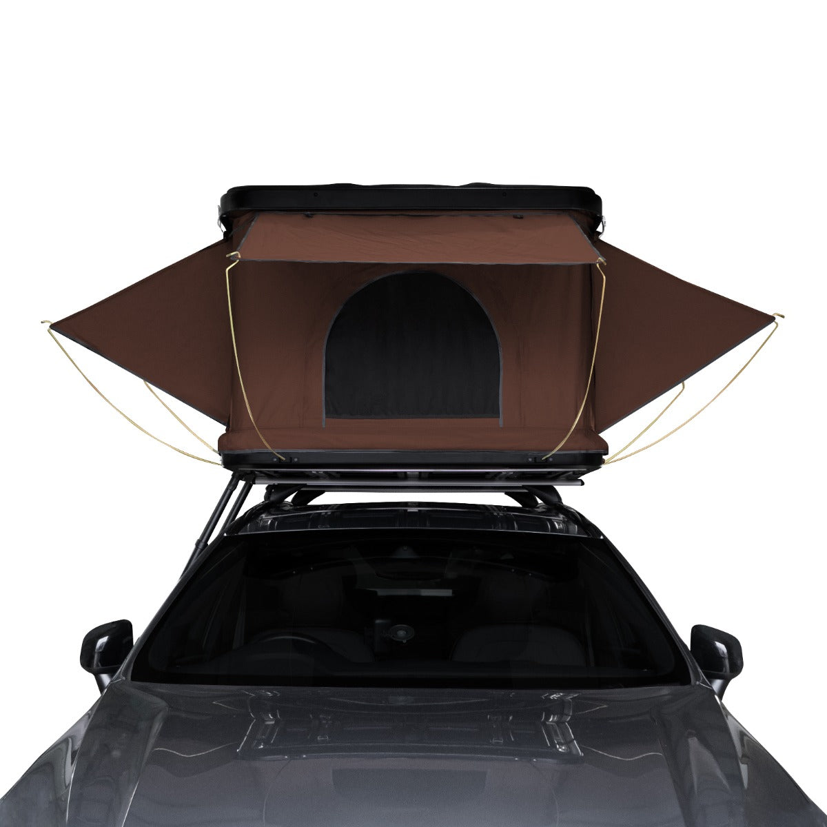 Tenda da tetto marrone per auto, con apertura laterale, struttura robusta e tessuto resistente, ideale per campeggio e avventure all'aperto