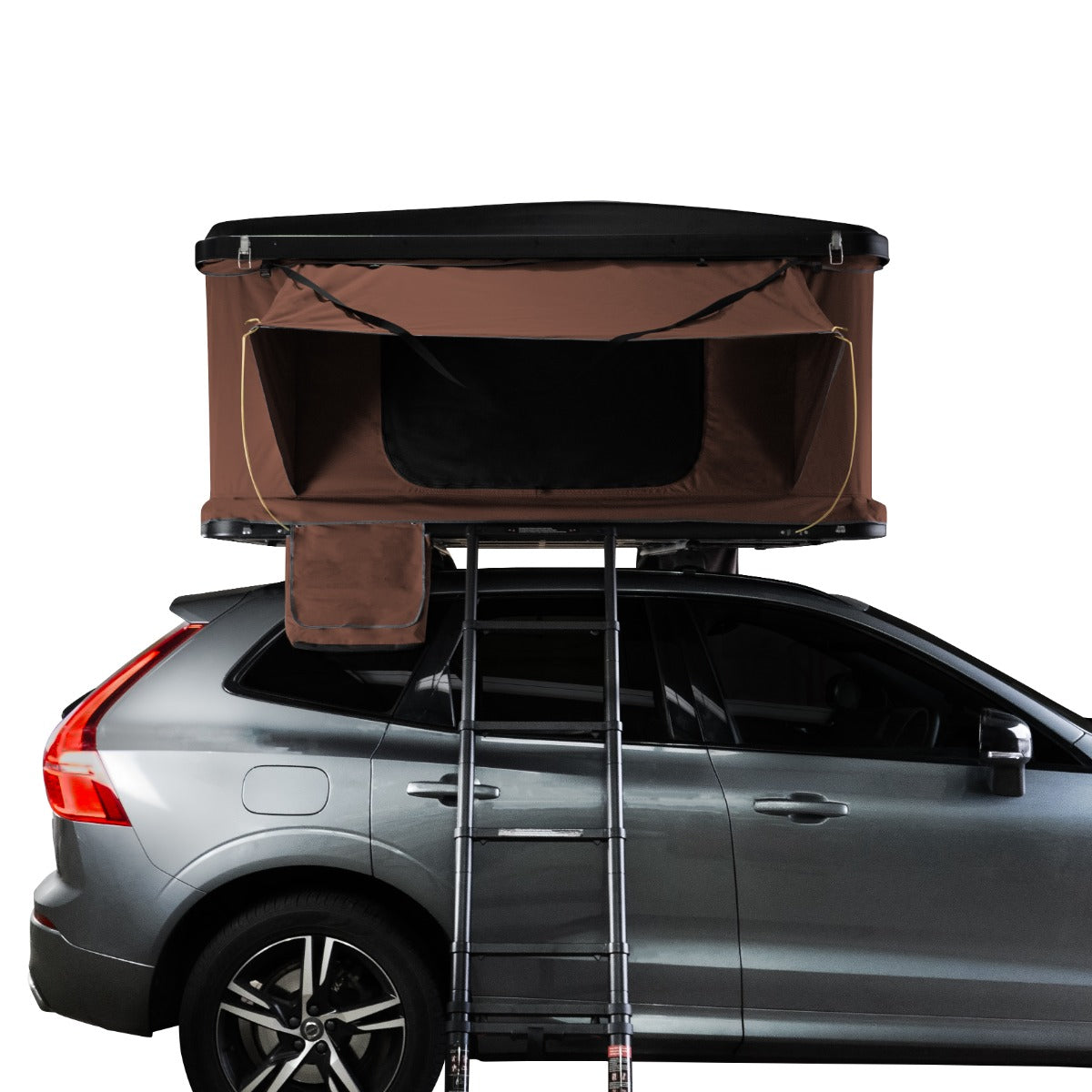 Tenda da tetto marrone per auto, con struttura robusta, accesso laterale e scala, ideale per campeggio e avventure all'aperto