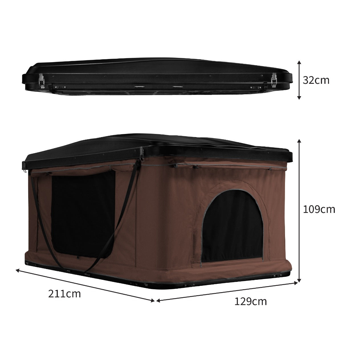 Tenda da tetto marrone per auto, con struttura nera, dimensioni 211x129x109 cm, tessuto resistente e finestra laterale per ventilazione