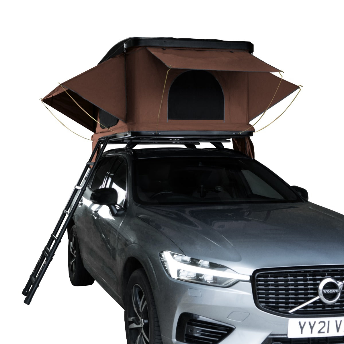 Tenda da tetto marrone per auto, con struttura robusta, finestre nere e scala per l'accesso, montata su un SUV grigio