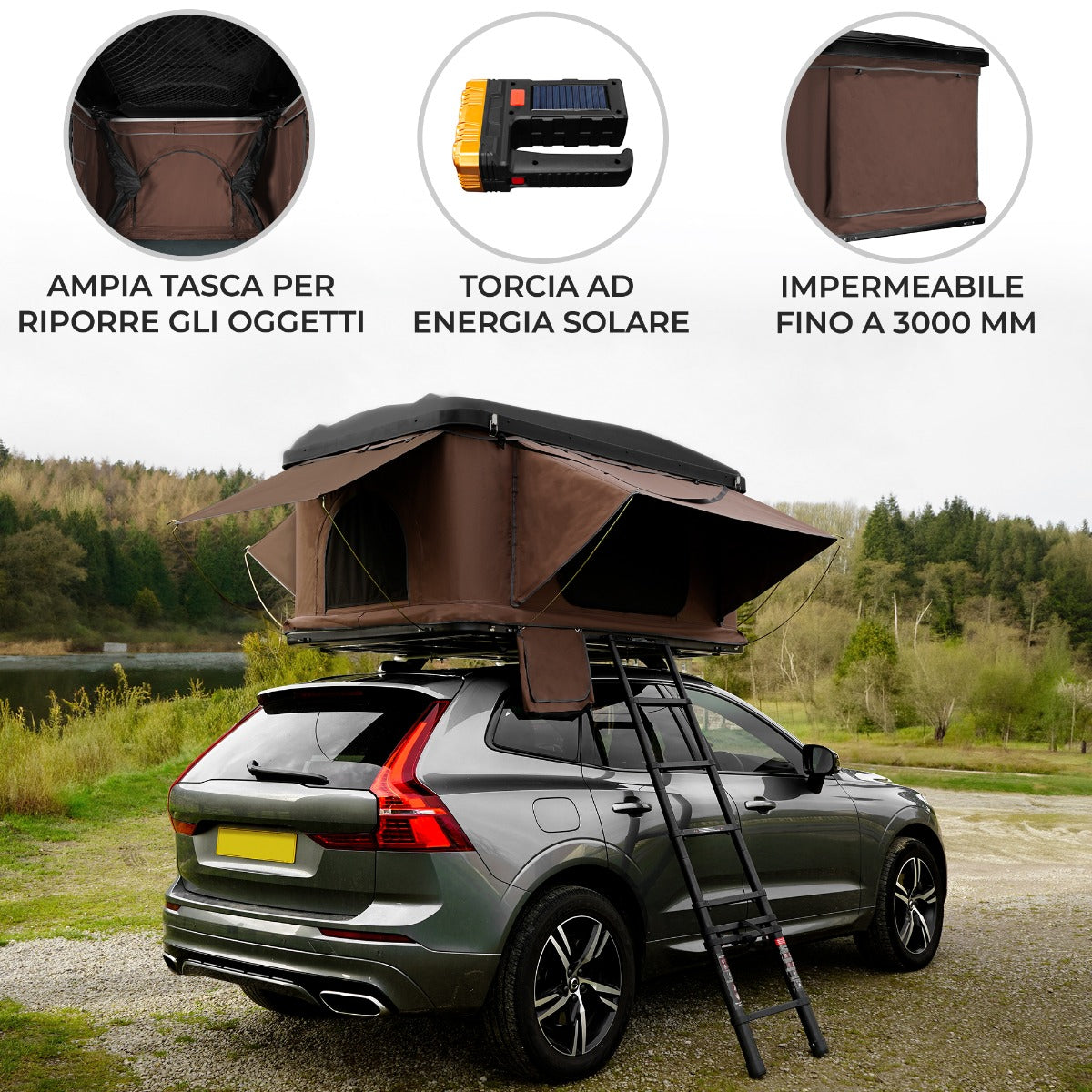 Tenda da tetto marrone per auto, impermeabile, con ampia tasca e torcia solare, montata su un SUV vicino a un lago e alberi verdi
