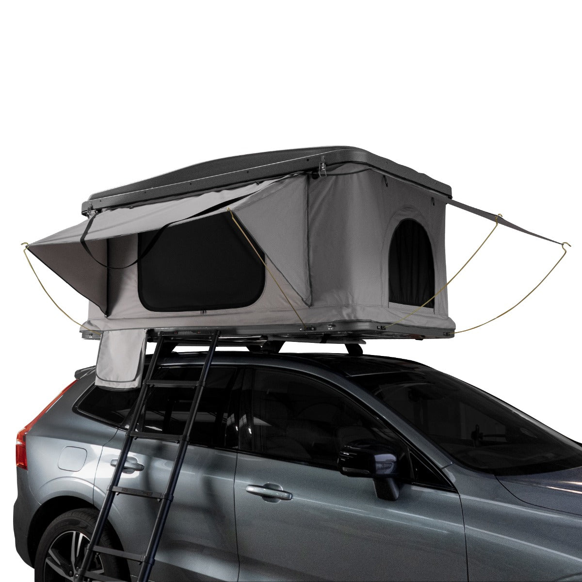 Tenda da tetto grigia per auto, con aperture laterali, struttura robusta e tessuto resistente, montata su un SUV grigio scuro