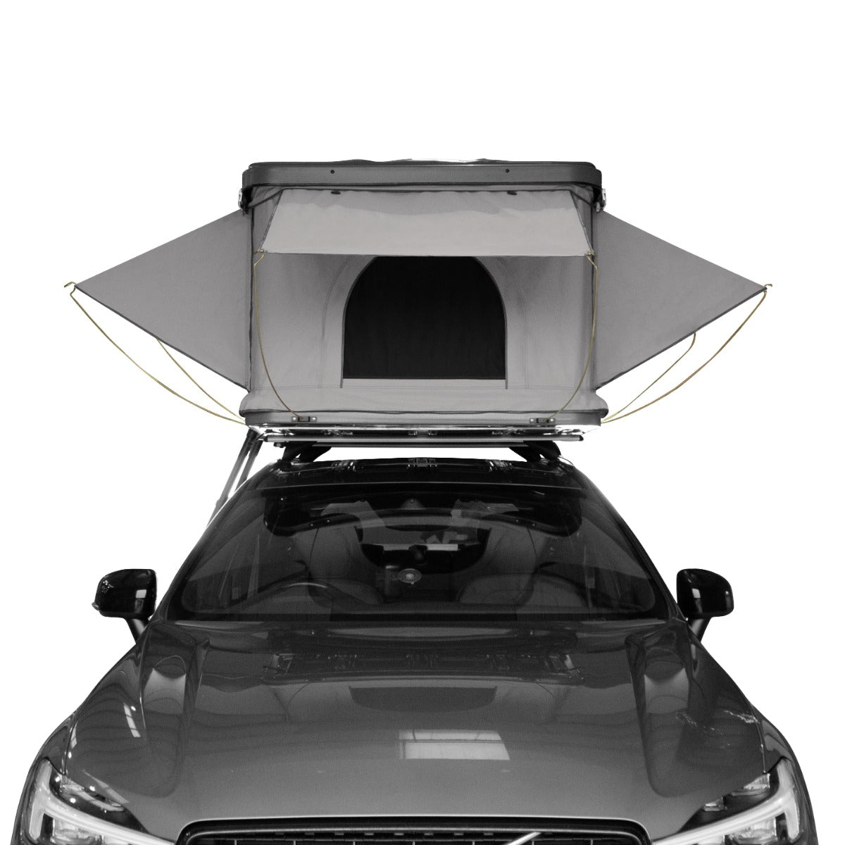 Tenda da tetto grigia per auto, con struttura robusta, tessuto resistente e aperture laterali per una ventilazione ottimale