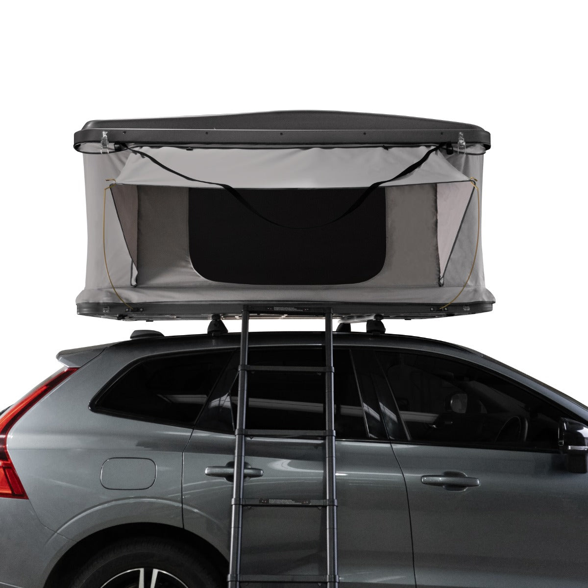 Tenda da tetto grigia per auto, con struttura robusta e accesso tramite scala, ideale per campeggio e avventure all'aperto