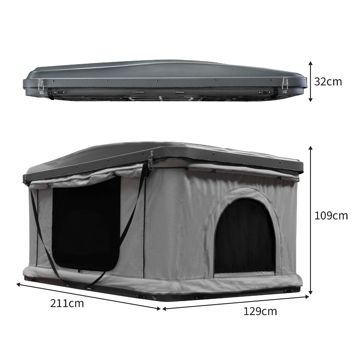 Tenda da tetto grigia per auto, con struttura robusta, dimensioni 211x129 cm, altezza 109 cm, design pratico e resistente agli agenti atmosferici
