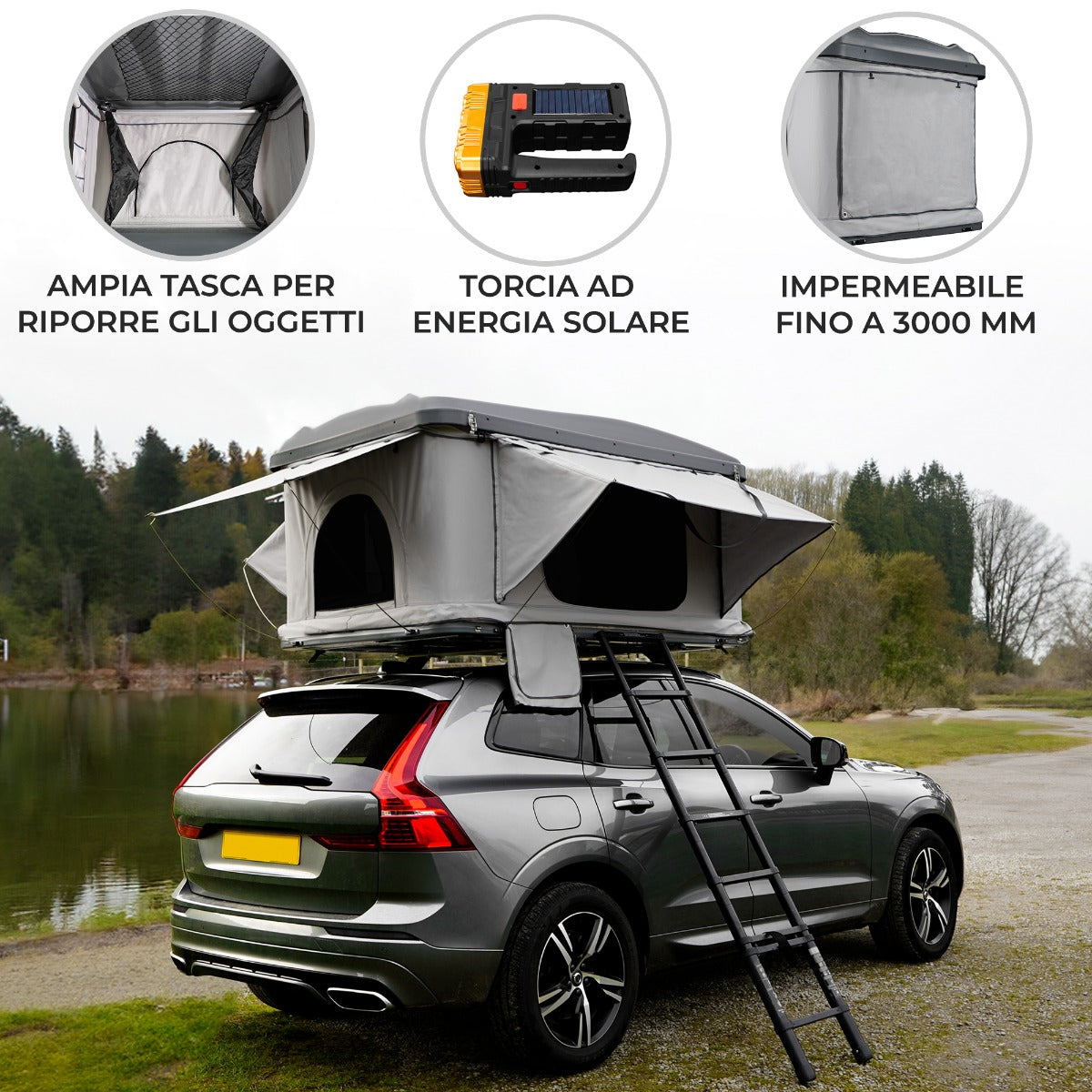 Tenda da tetto grigia per auto, impermeabile, con ampia tasca per oggetti e torcia solare, posizionata su un SUV vicino a un lago