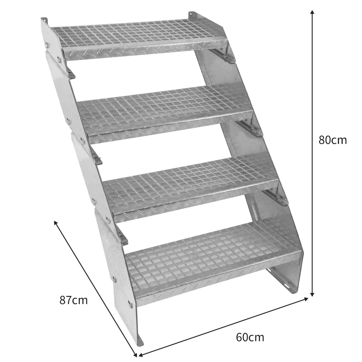 Scala zincata regolabile a 4 elementi, con gradini antiscivolo, struttura robusta e dimensioni di 600 mm di larghezza e 80 cm di altezza