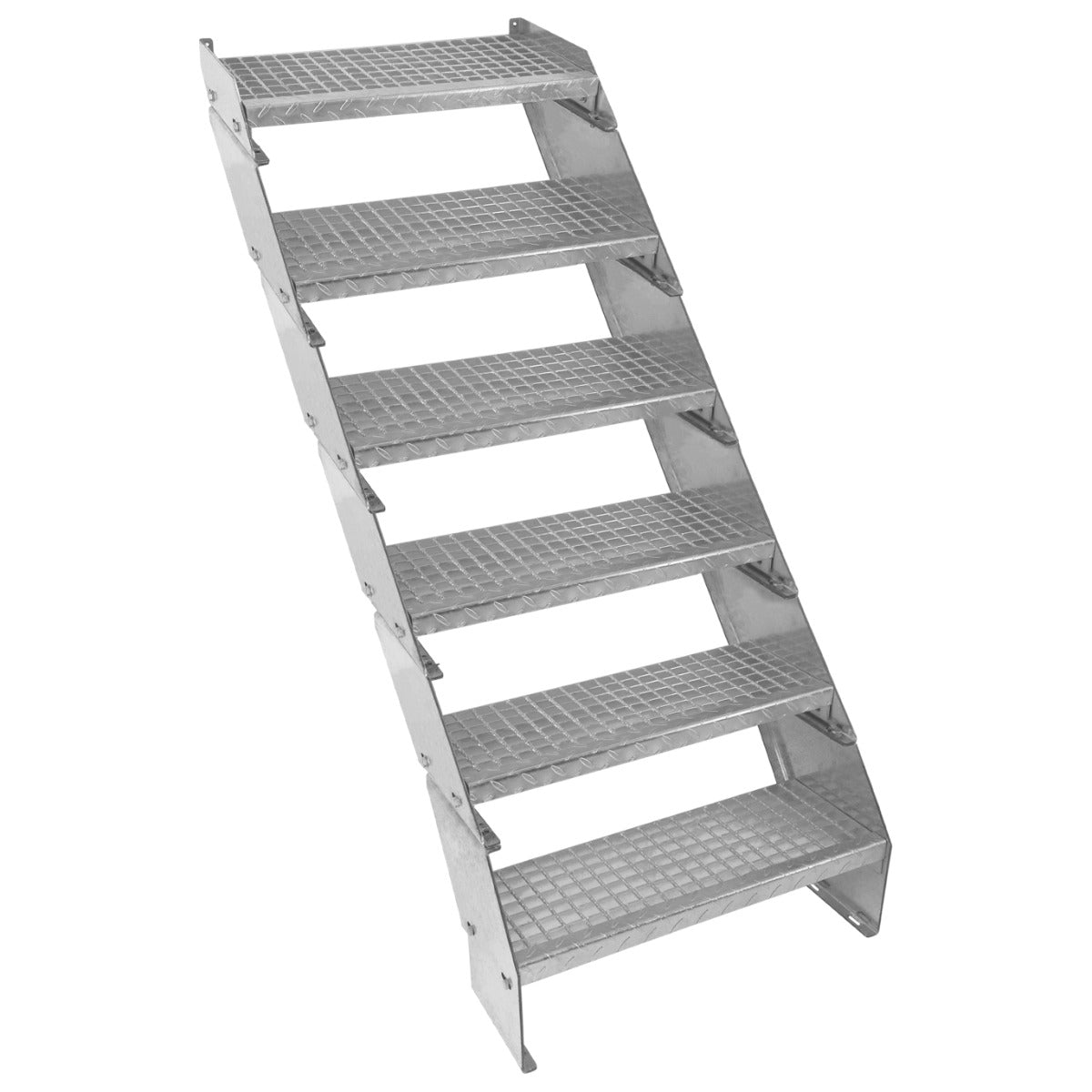 Scala zincata regolabile a 6 elementi, larga 600 mm, con gradini antiscivolo e struttura robusta in metallo grigio lucido