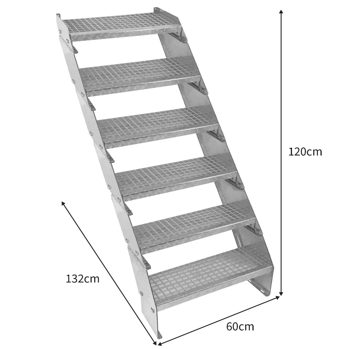 Scala zincata regolabile a 6 elementi, larga 600 mm, con gradini antiscivolo e struttura robusta, altezza totale di 132 cm