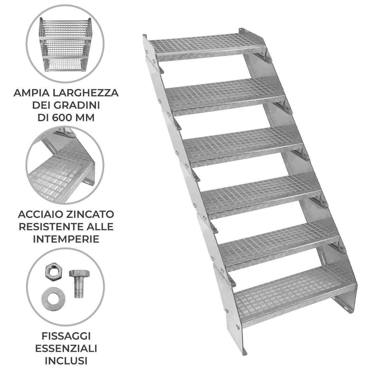 Scala zincata regolabile a 6 elementi, ampia larghezza di 600 mm, gradini antiscivolo in acciaio resistente alle intemperie