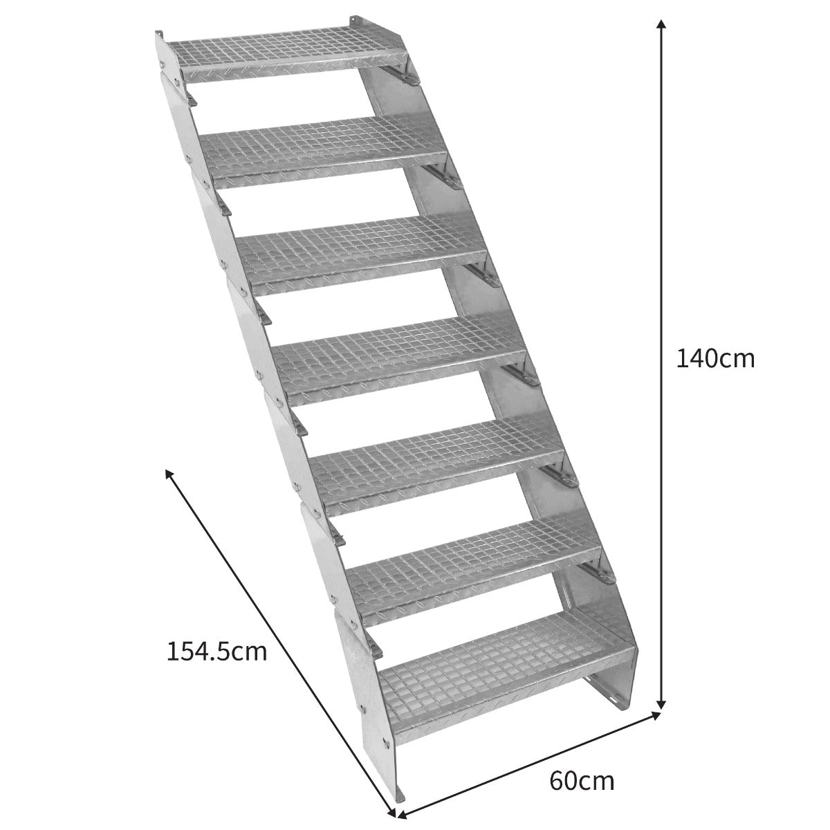 Scala zincata regolabile a 7 elementi con gradini antiscivolo, larghezza 600 mm, altezza 140 cm, design robusto e funzionale