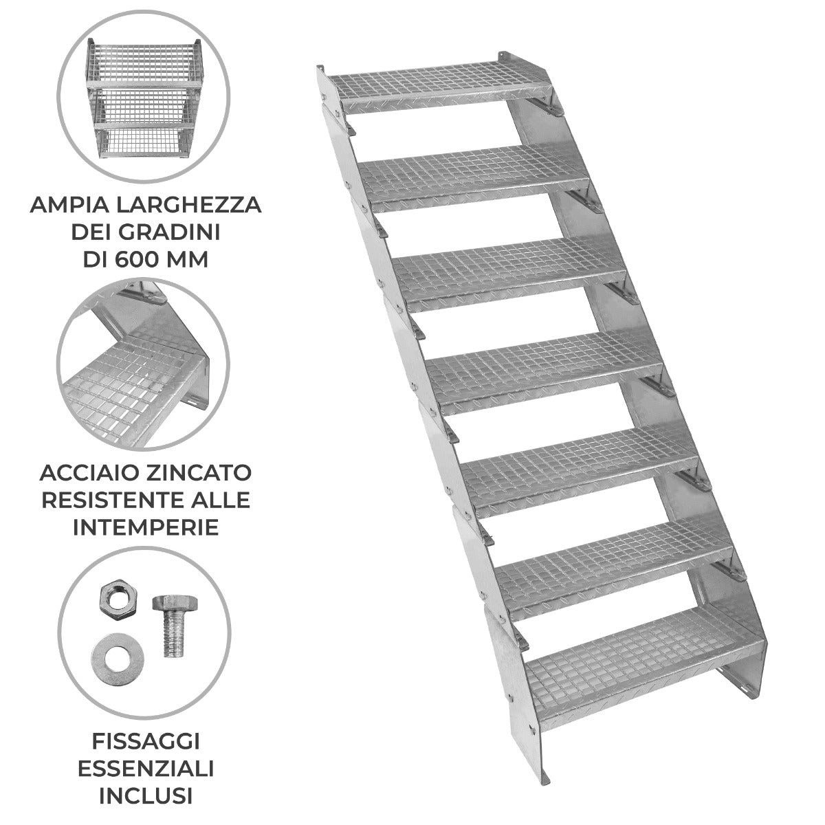 Scala zincata regolabile a 7 elementi, ampia larghezza di 600 mm, gradini in acciaio con superficie antiscivolo e fissaggi inclusi