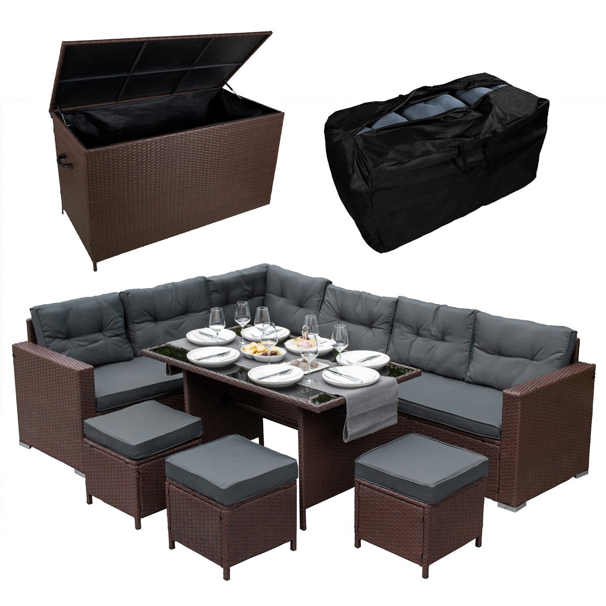 Set d'angolo in rattan marrone con cuscini grigi, tavolo centrale e box per riporre i cuscini, ideale per esterni eleganti