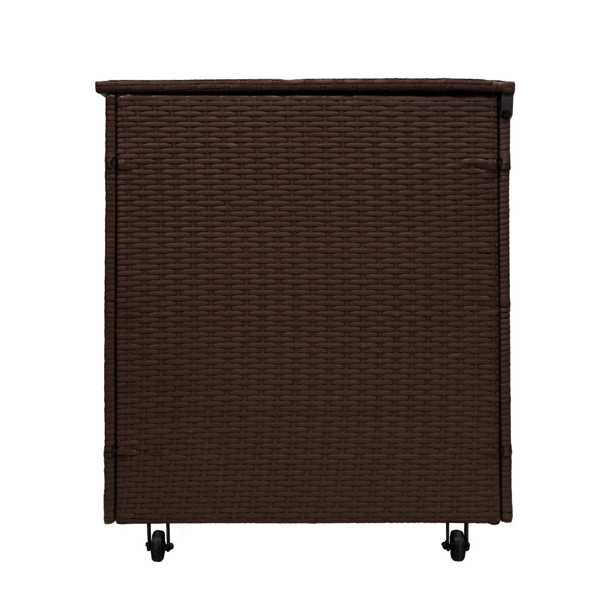 Set d'angolo in rattan marrone con box per riporre cuscini, texture intrecciata e ruote per facilità di movimento