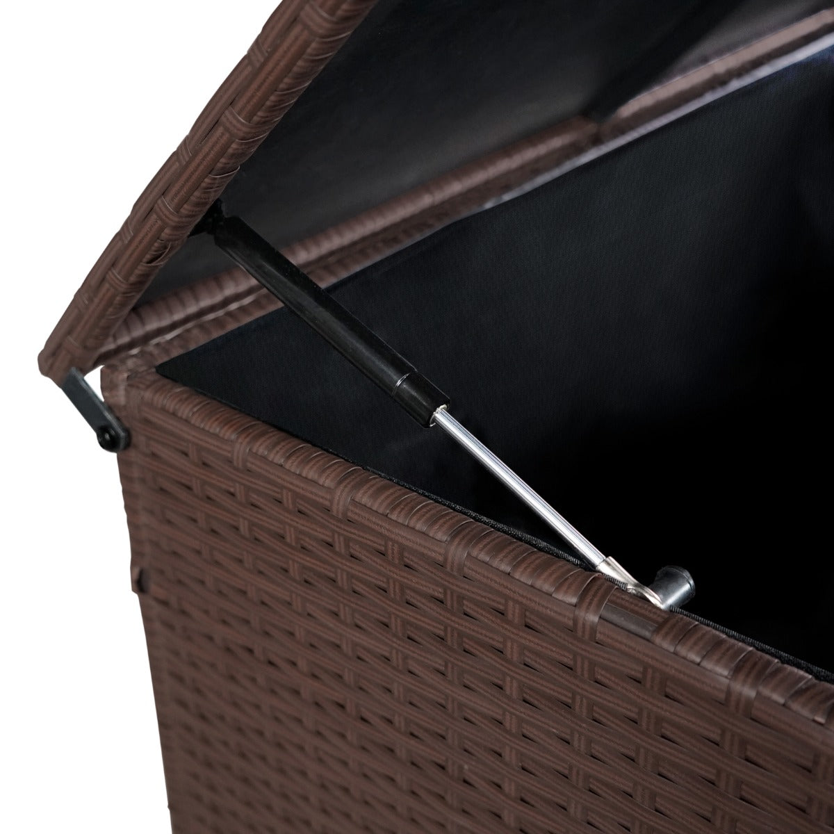 Coperchio del box in rattan marrone con meccanismo di apertura, interno spazioso per riporre cuscini e accessori da giardino