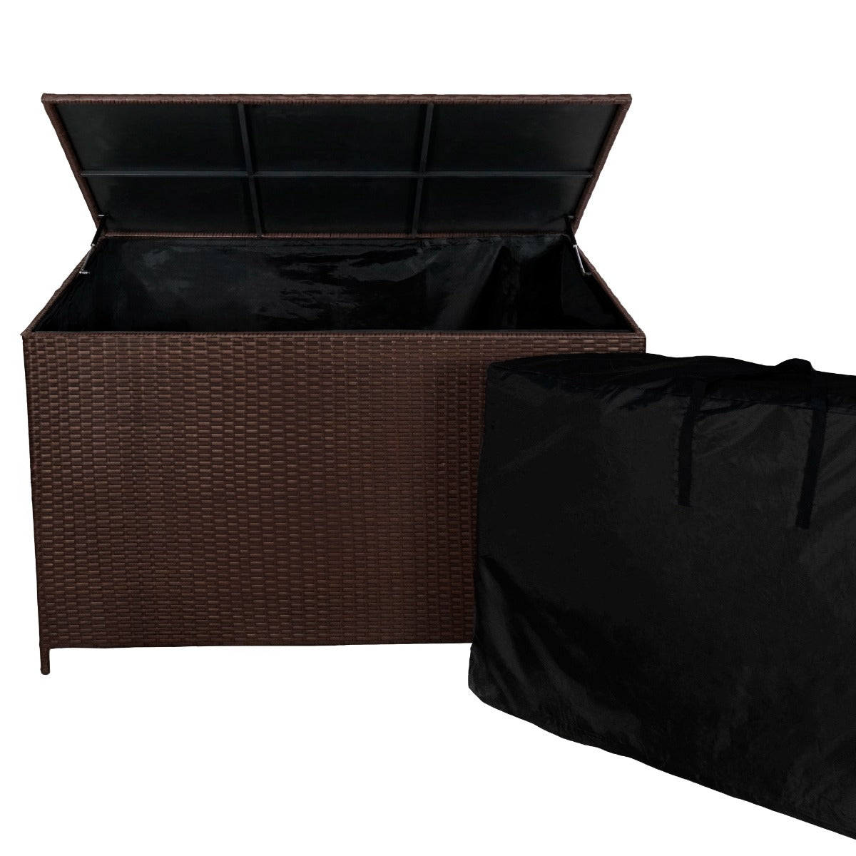 Set d'angolo in rattan marrone con box per riporre cuscini, texture intrecciata e coperchio nero, ideale per esterni