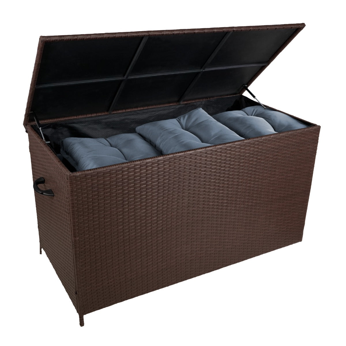 Set d'angolo in rattan marrone con cuscini grigi all'interno di un box per riporre, texture intrecciata e finitura elegante