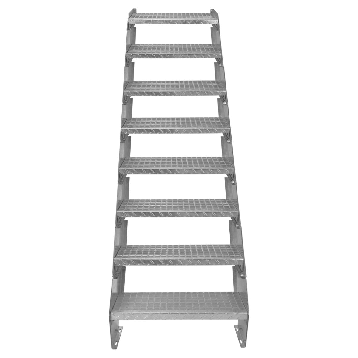 Scala zincata regolabile a 8 elementi, larghezza 600 mm, con gradini antiscivolo e struttura robusta in metallo grigio lucido