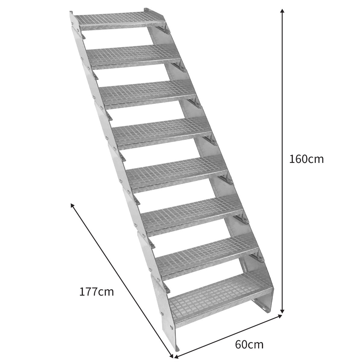 Scala zincata regolabile a 8 elementi, larghezza 600 mm, con gradini antiscivolo e struttura robusta, ideale per lavori in altezza