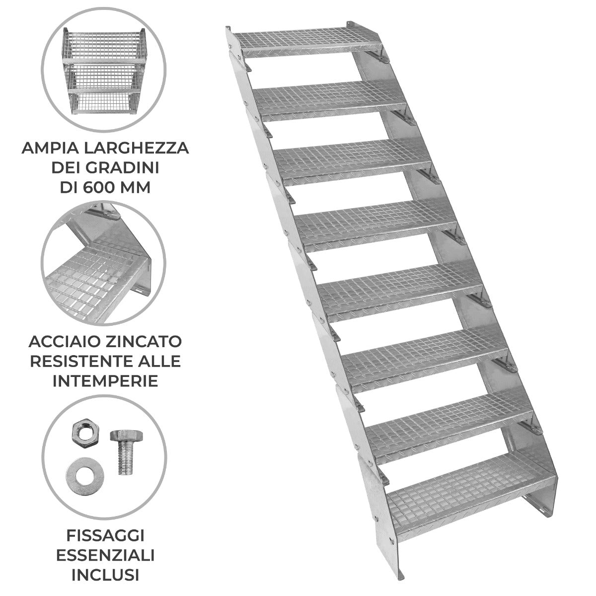Scala zincata regolabile a 8 elementi, larghezza 600 mm, con gradini antiscivolo e struttura in acciaio resistente alle intemperie