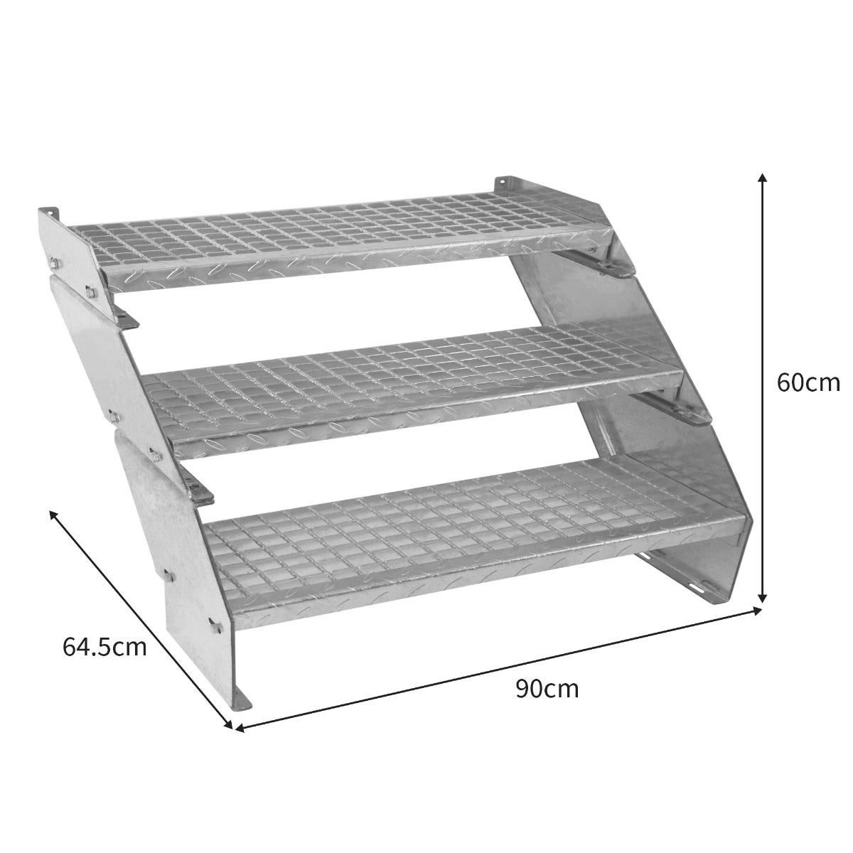 Scala zincata regolabile a 3 elementi con tre ripiani in metallo grigio, superficie antiscivolo, dimensioni 90x60x64.5 cm