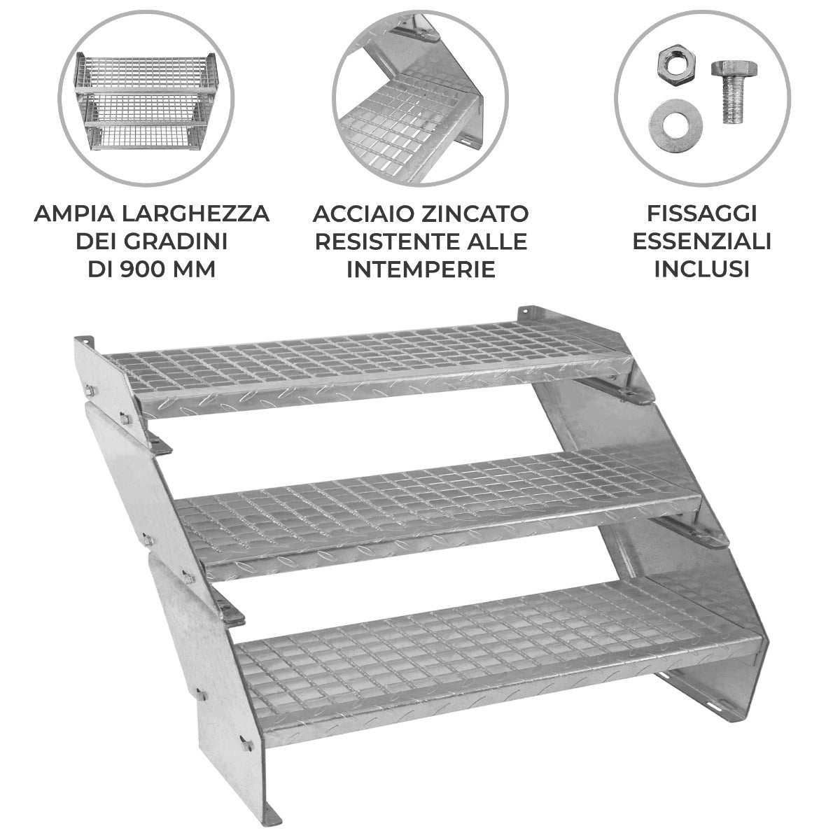 Scala zincata regolabile a 3 elementi con gradini larghi 900 mm, struttura in acciaio resistente, superficie antiscivolo e fissaggi inclusi