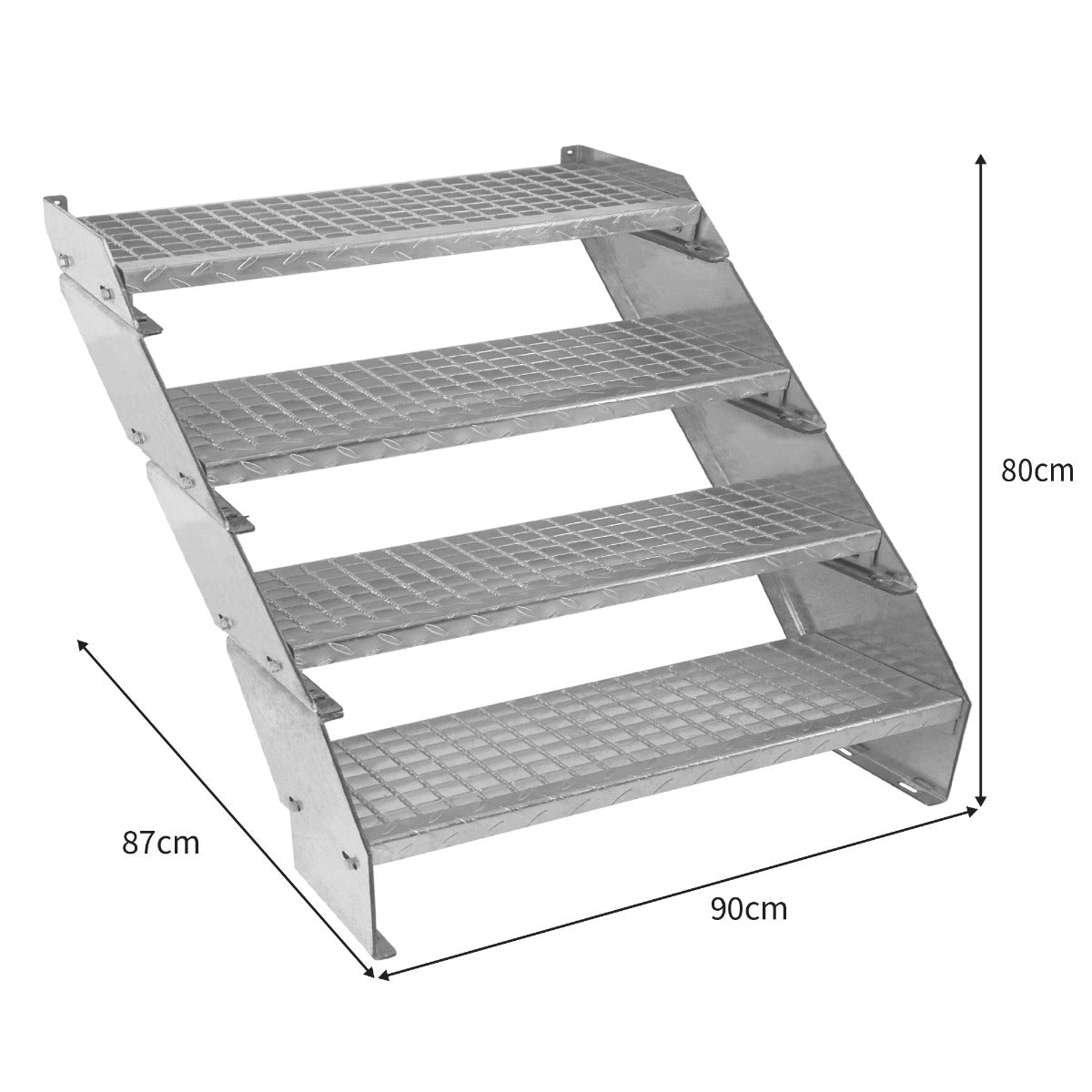 Scala zincata regolabile a 4 elementi, con gradini in rete, struttura robusta e dimensioni 90x87x80 cm, ideale per uso industriale