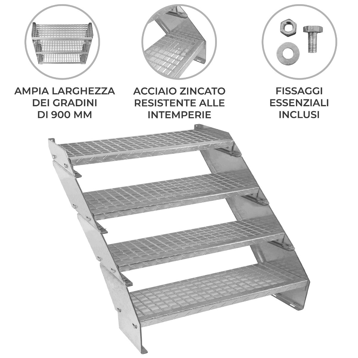 Scala zincata regolabile a 4 elementi, larghezza 900 mm, con gradini in acciaio resistente, finitura grigia e design robusto