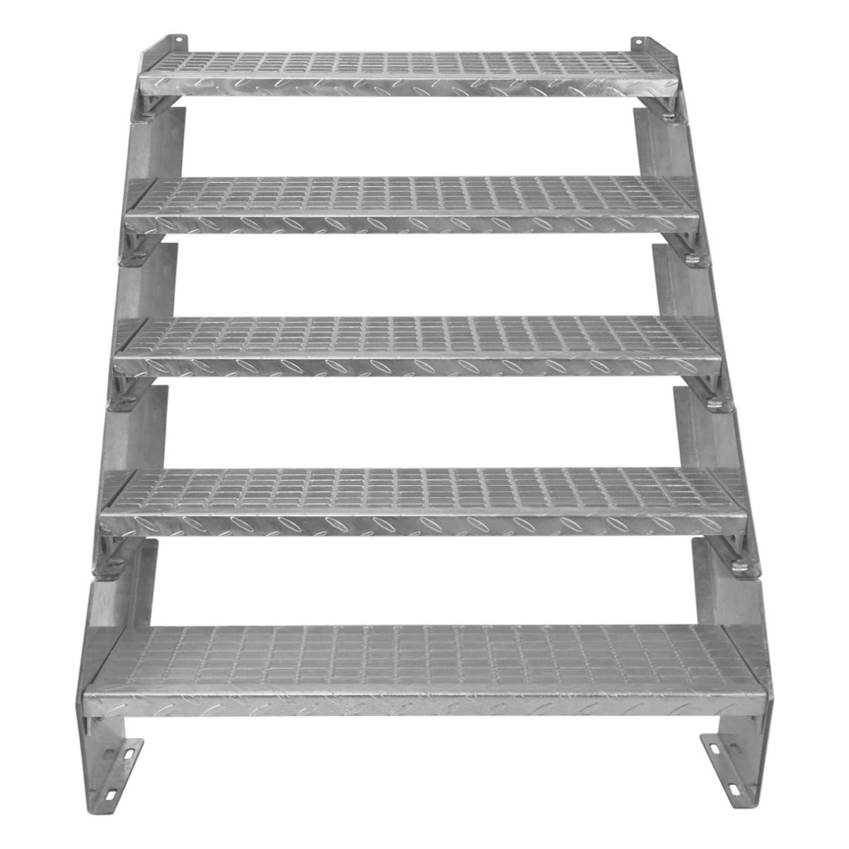 Scala zincata regolabile a 5 elementi, larghezza 900 mm, con gradini antiscivolo e struttura robusta in metallo grigio lucido