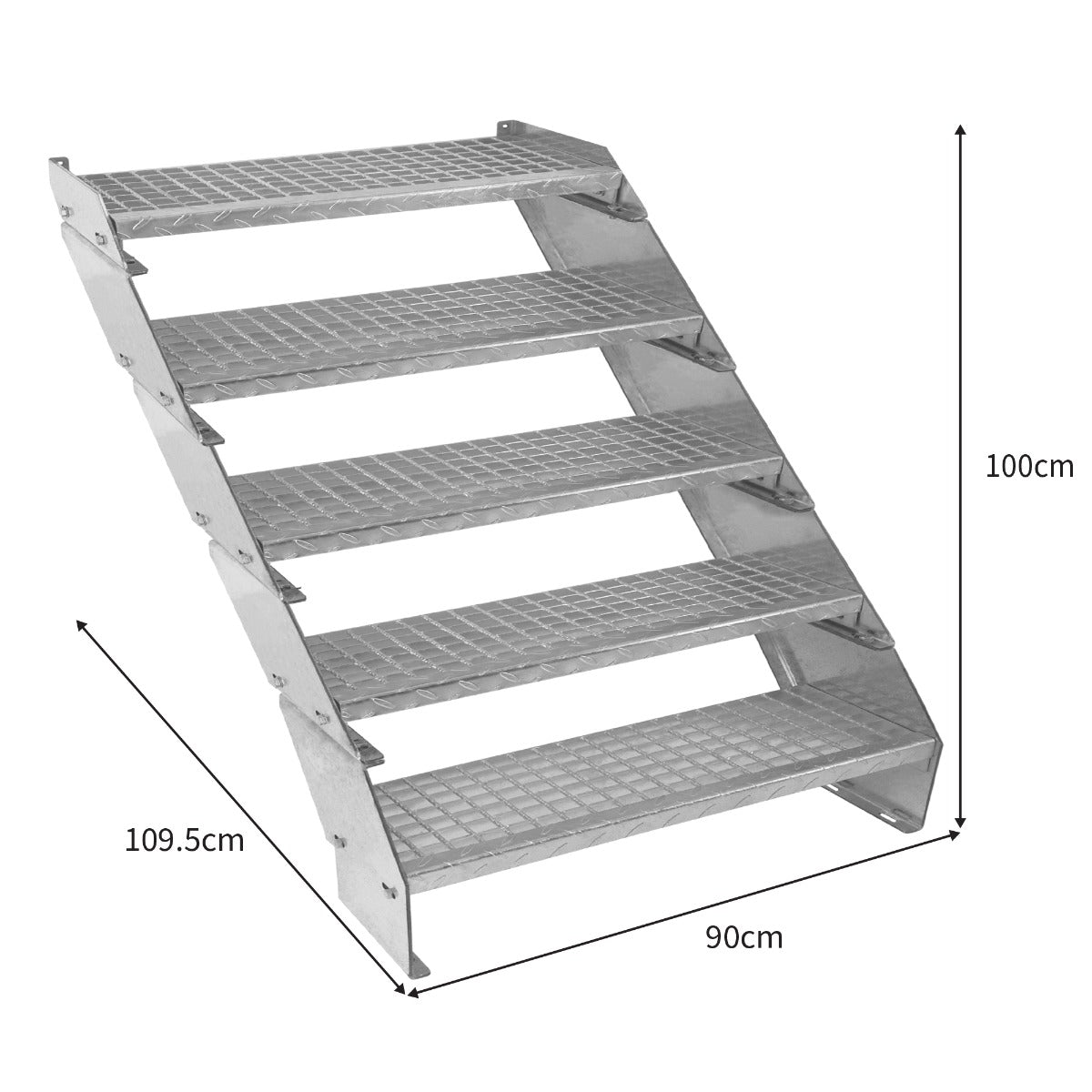 Scala zincata regolabile a 5 elementi, con gradini in metallo grigliato, larghezza 900 mm, altezza 100 cm, finitura resistente e robusta
