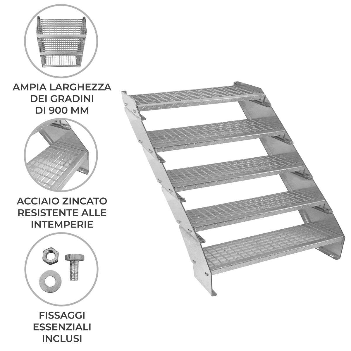Scala zincata regolabile a 5 elementi con gradini larghi 900 mm, realizzata in acciaio resistente alle intemperie, finitura grigia opaca