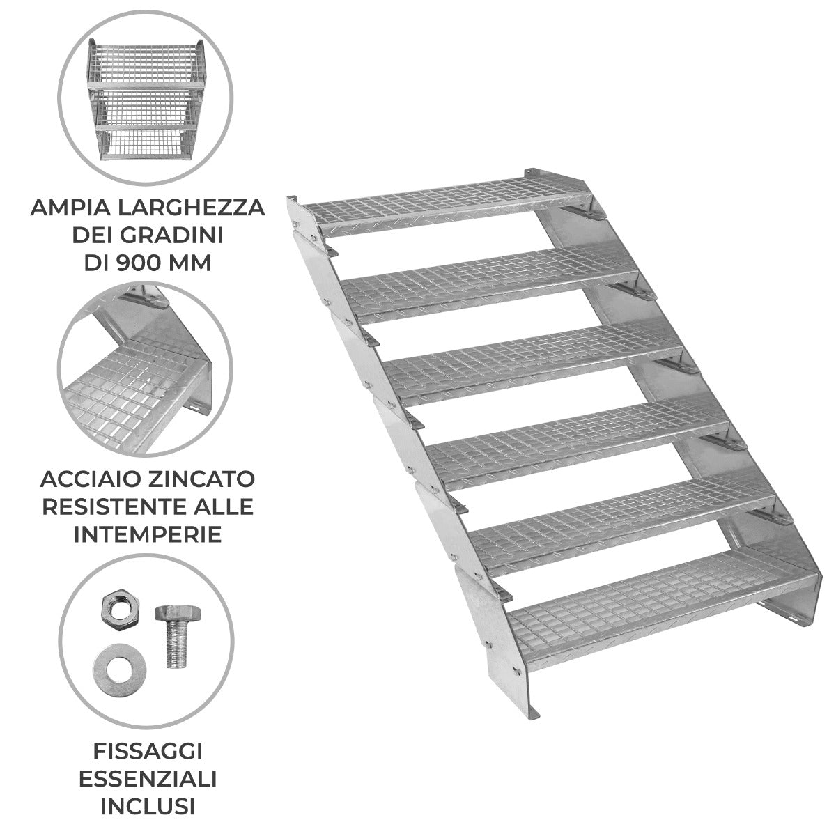 Scala zincata regolabile a 6 elementi, larghezza 900 mm, con gradini antiscivolo e struttura in acciaio resistente alle intemperie