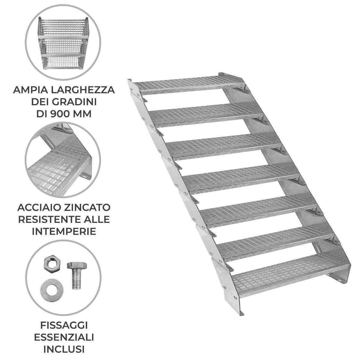 Scala zincata regolabile a 7 elementi con gradini larghi 900 mm, realizzata in acciaio resistente alle intemperie, finitura grigia e texture antiscivolo