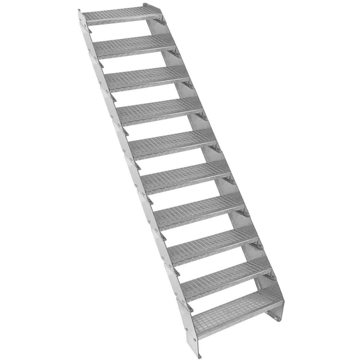 Scala zincata regolabile a 10 elementi, larghezza 600 mm, con gradini antiscivolo e struttura robusta in metallo grigio lucido
