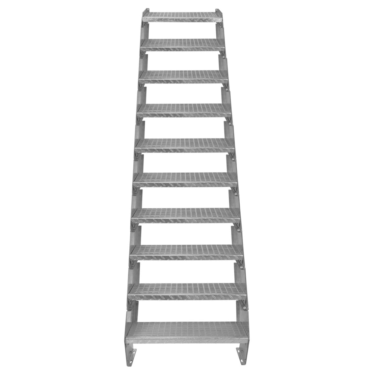 Scala zincata regolabile a 10 elementi, larga 600 mm, con gradini antiscivolo e struttura robusta in metallo grigio lucido