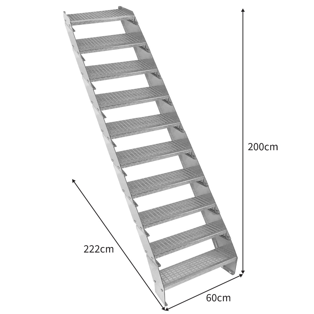 Scala zincata regolabile a 10 elementi, larghezza 600 mm, con gradini antiscivolo e struttura robusta, ideale per uso professionale e domestico