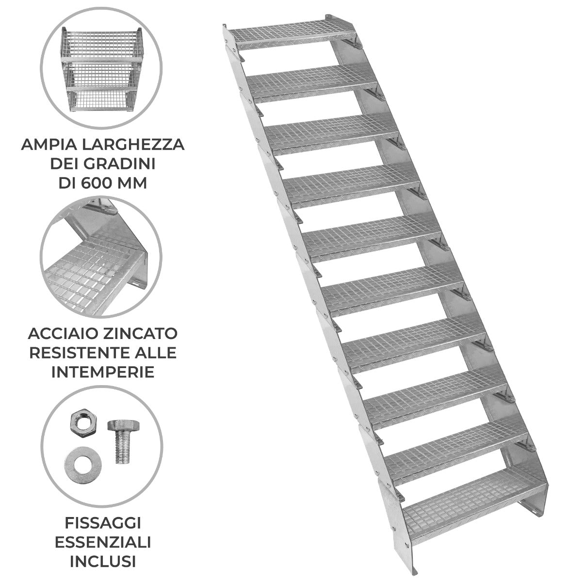 Scala zincata regolabile a 10 elementi, larghezza 600 mm, con gradini antiscivolo e struttura in acciaio resistente alle intemperie