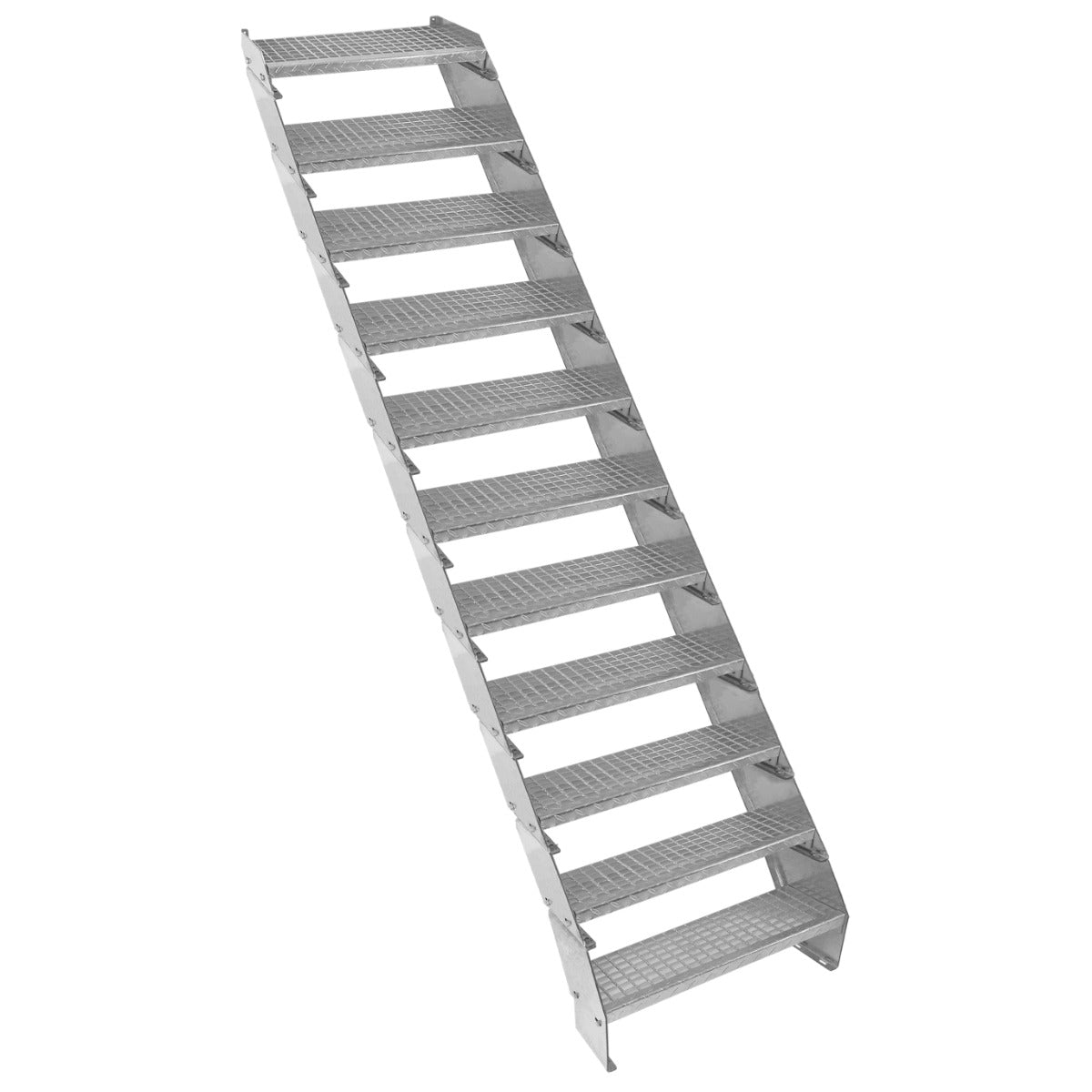 Scala zincata regolabile a 11 elementi, larghezza 600 mm, con gradini antiscivolo e finitura metallica lucida, ideale per uso industriale