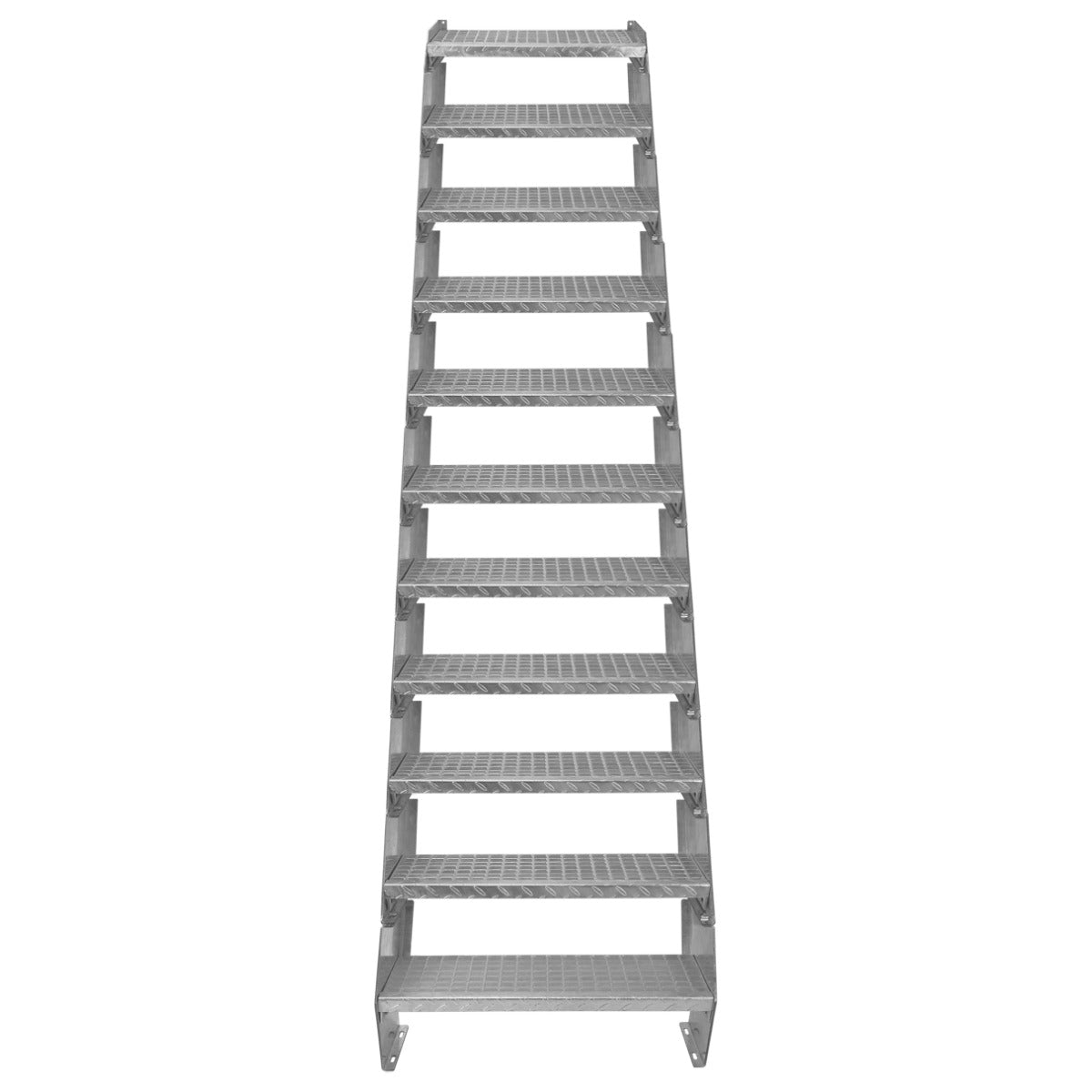 Scala zincata regolabile a 11 elementi, larga 600 mm, con gradini antiscivolo e struttura robusta in metallo grigio lucido