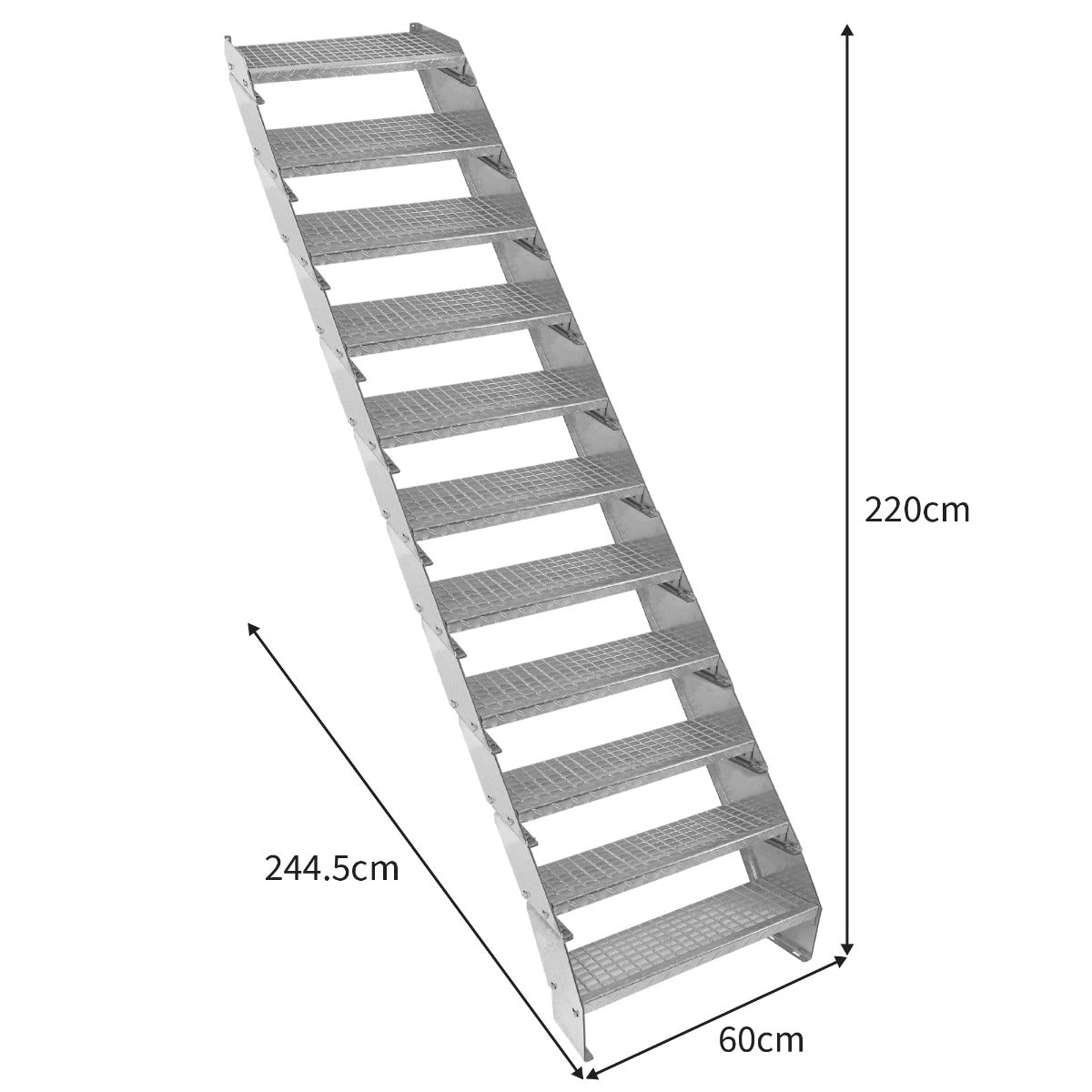 Scala zincata regolabile a 11 elementi, larga 600 mm, con gradini antiscivolo e struttura robusta, altezza di 220 cm e lunghezza di 244,5 cm