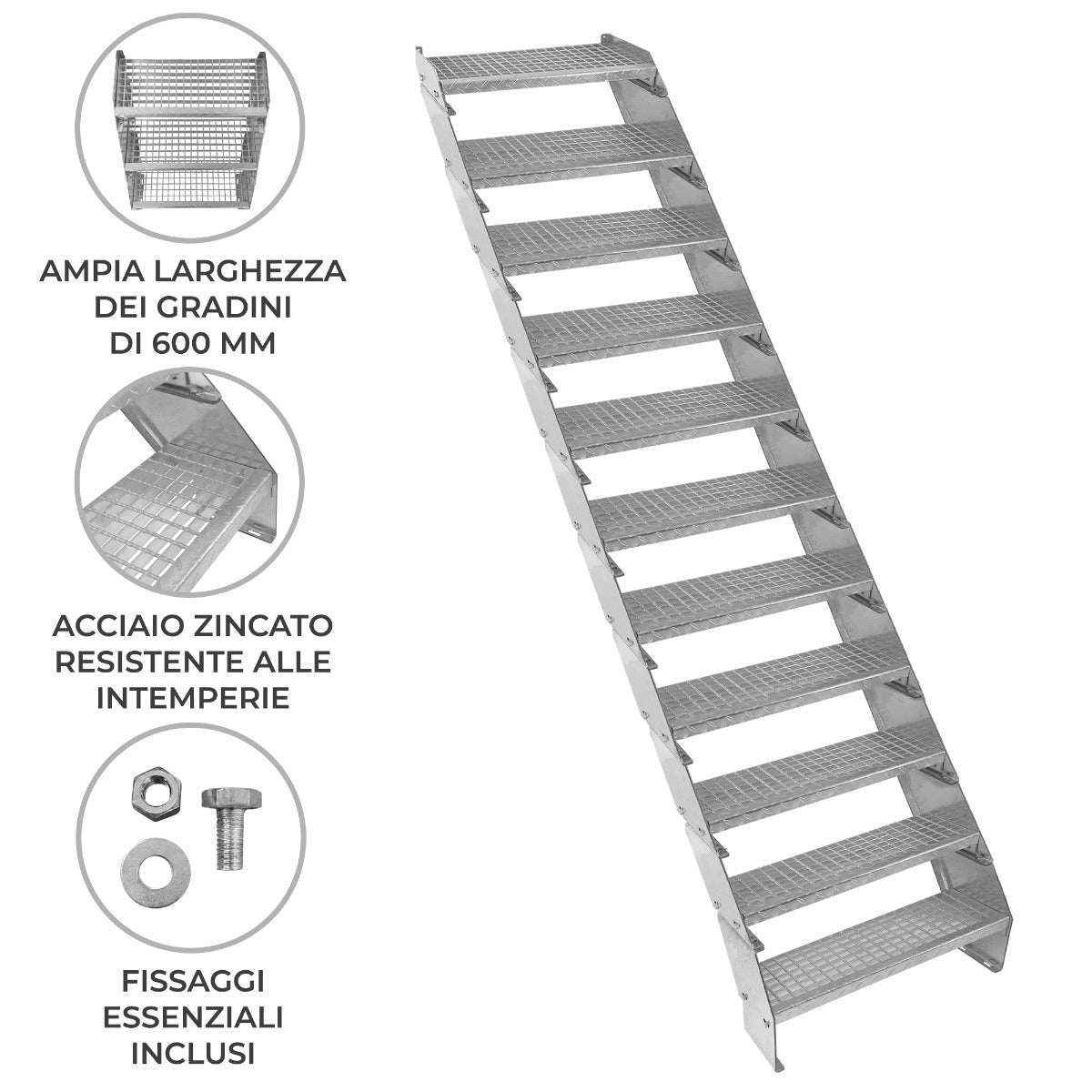 Scala zincata regolabile a 11 elementi, larghezza 600 mm, con gradini antiscivolo e struttura in acciaio resistente alle intemperie
