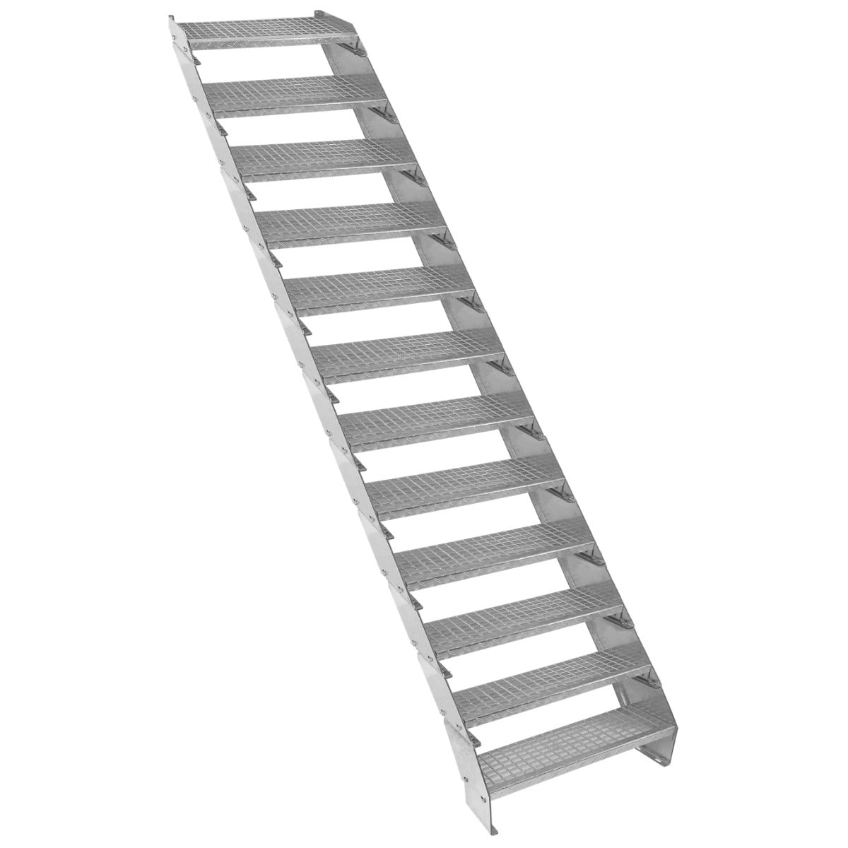 Scala zincata regolabile a 12 elementi, larghezza 600 mm, con gradini antiscivolo e finitura metallica lucida, ideale per uso industriale