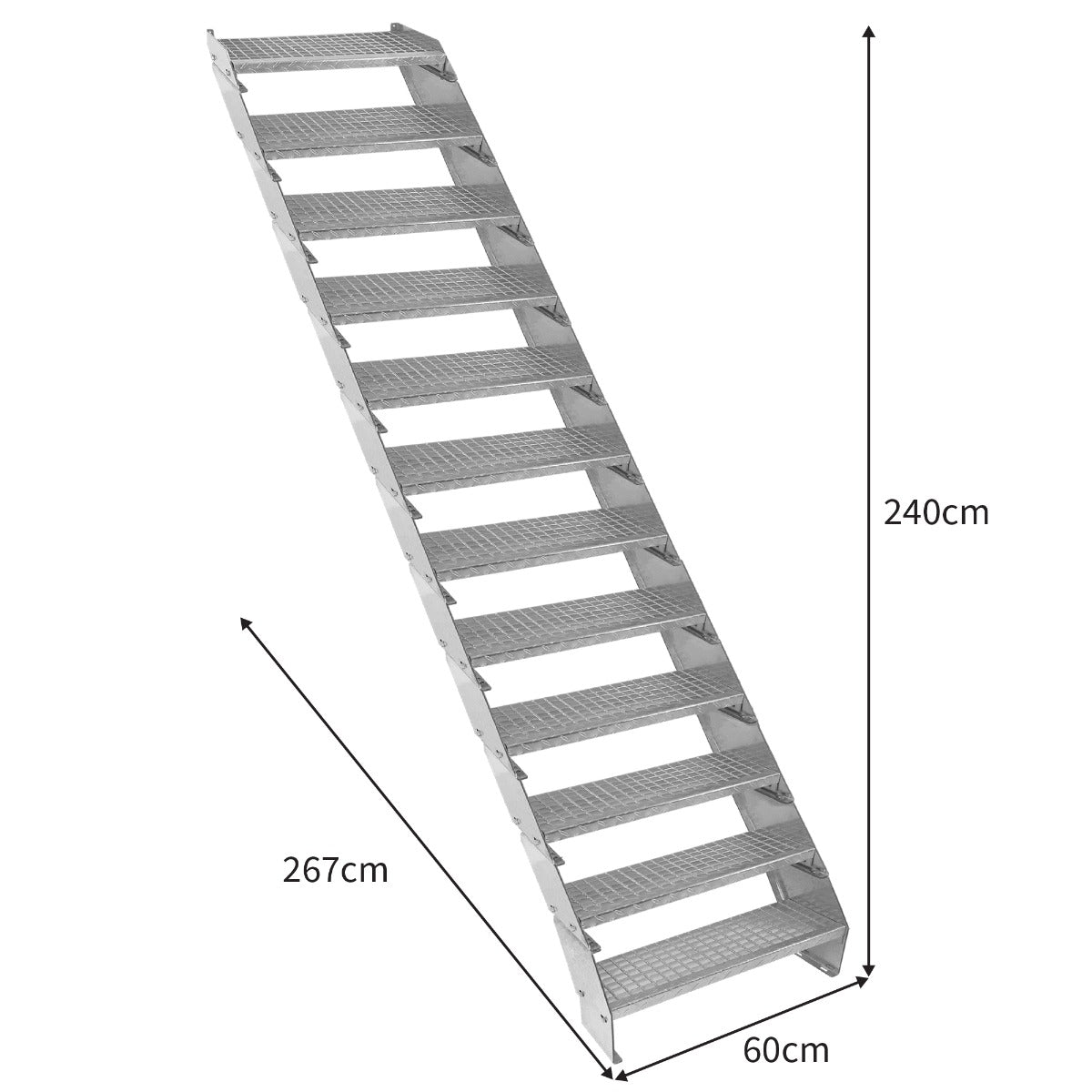 Scala zincata regolabile a 12 elementi, larga 600 mm, con gradini antiscivolo e struttura robusta, ideale per lavori in altezza